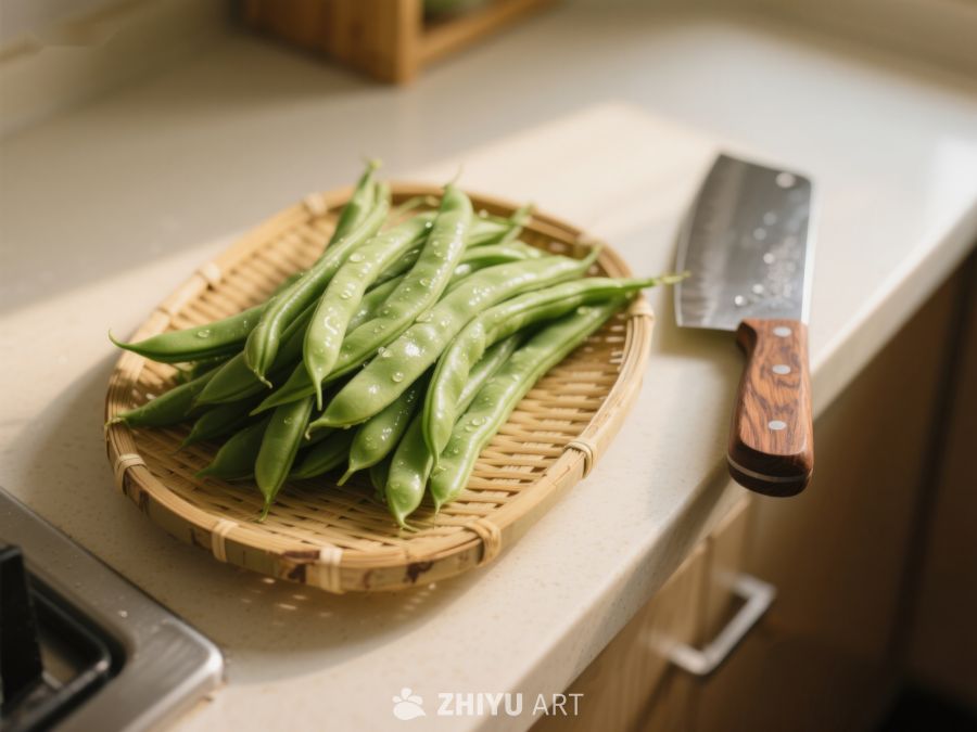 新鲜豆荚置于竹篮旁配菜刀 427