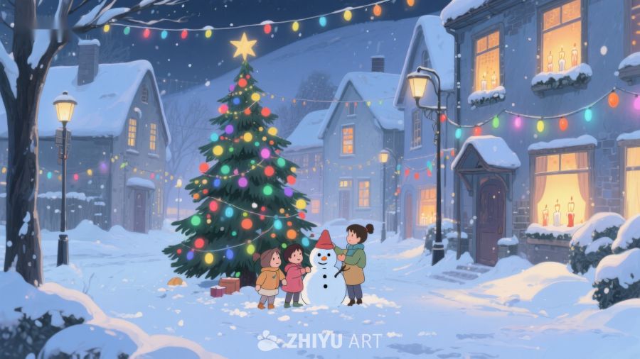 冬夜雪景中的圣诞树与孩子们 116