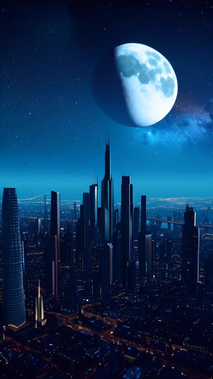 夜幕降临，未来城市的天际线在宇宙星辰的映衬下熠熠生