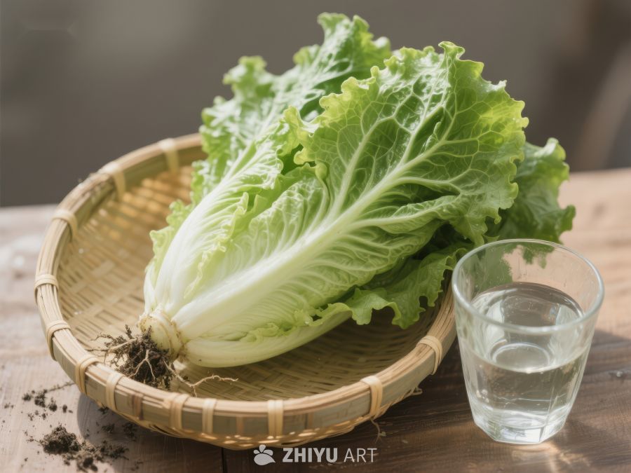 新鲜生菜置于竹篮旁配清水 617