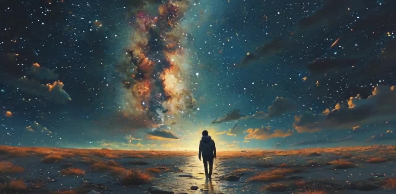 一个人独自在广阔的土地上行走。天空是深蓝色的，布满