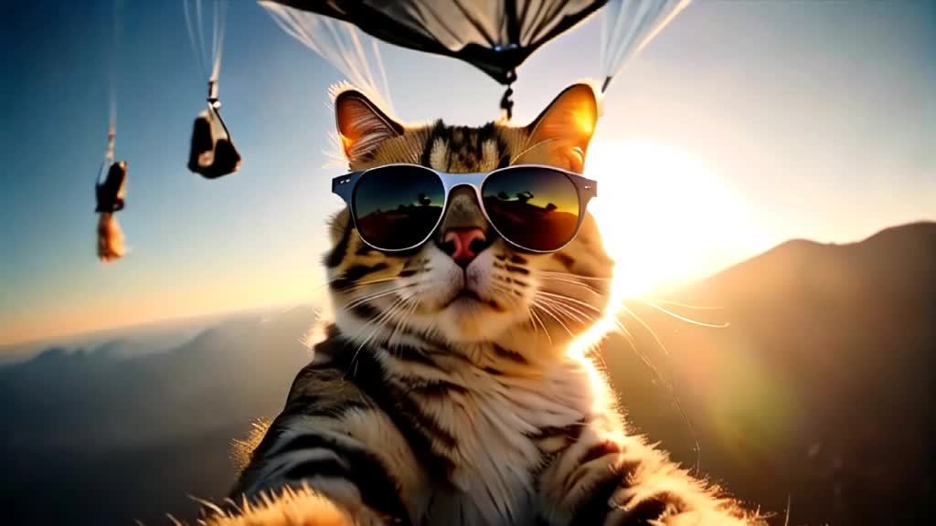 一只时尚的猫咪戴着太阳镜，悬挂在降落伞上。在一个阳光明媚且风景如画的天气里，伴随着风的吹拂，它驾驭着天空中的水晶般碎片作为背景。
