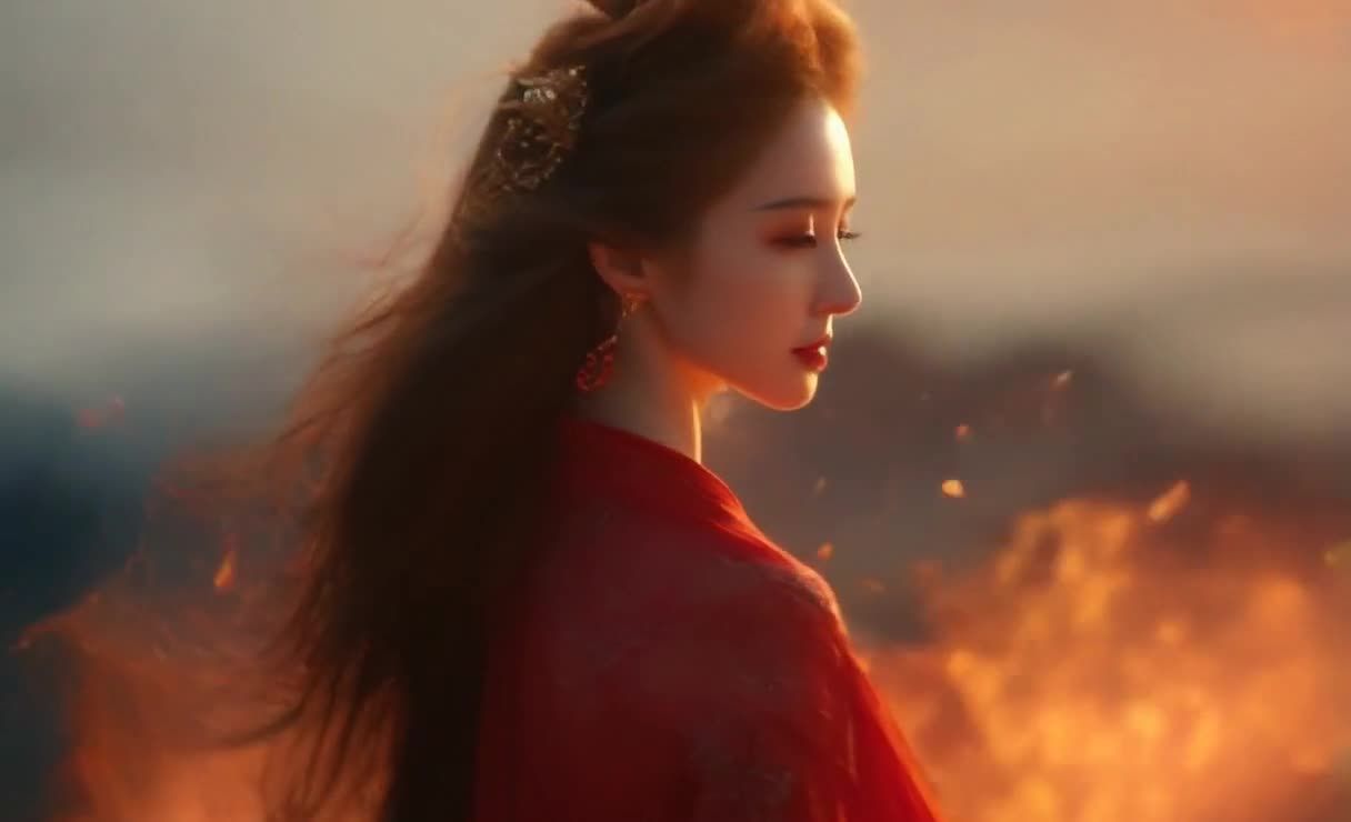 红衣女子眼神忧郁，火焰背景，唯美意境渲染