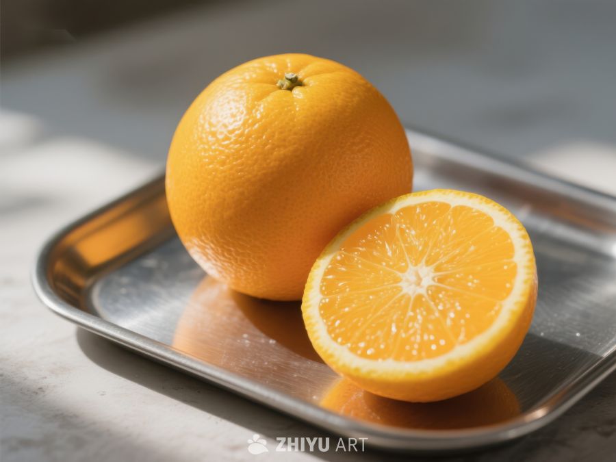 新鲜橙子切半置于金属托盘 550
