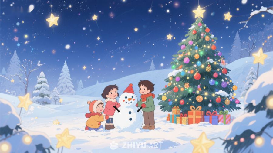 冬夜雪地里的圣诞树与欢乐儿童 109