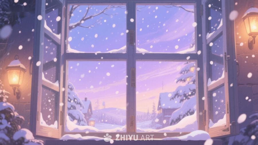 雪夜窗外的宁静冬景 369