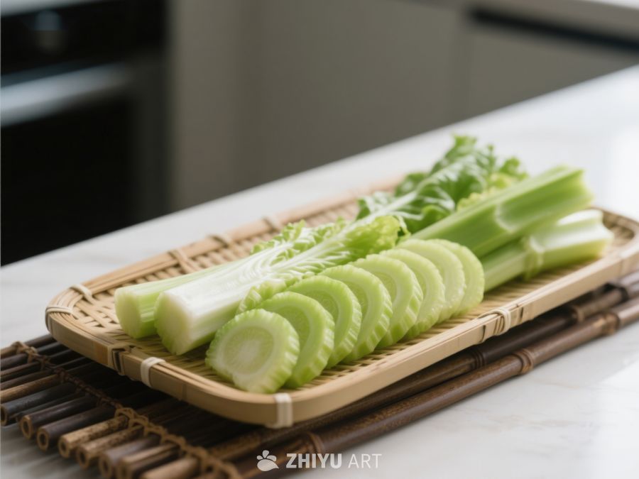新鲜芹菜切片置于竹制托盘 470