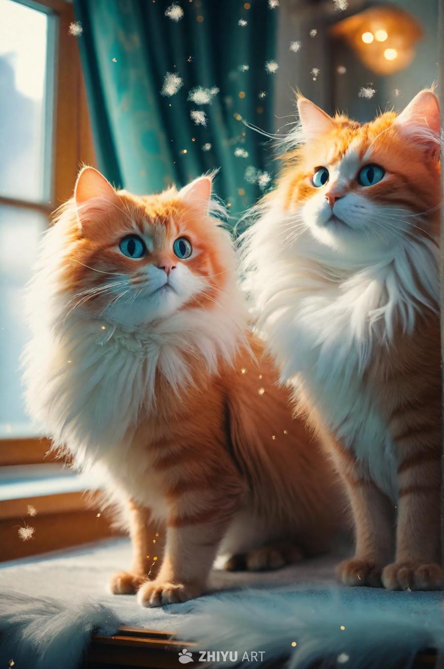 两只蓬松的猫，一只坐着，另一只站在它身后。它们都是