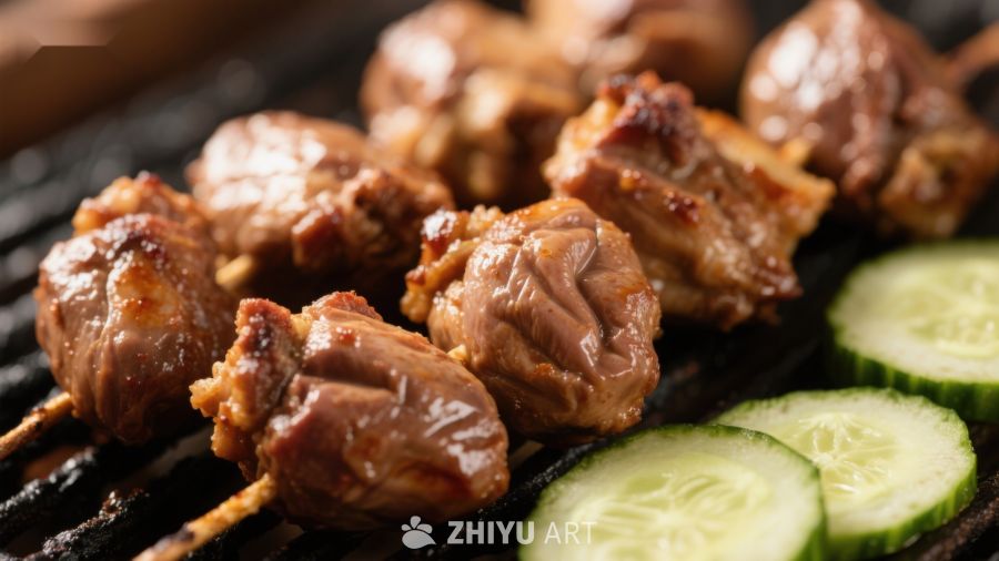 烤肉串与黄瓜片的美味组合