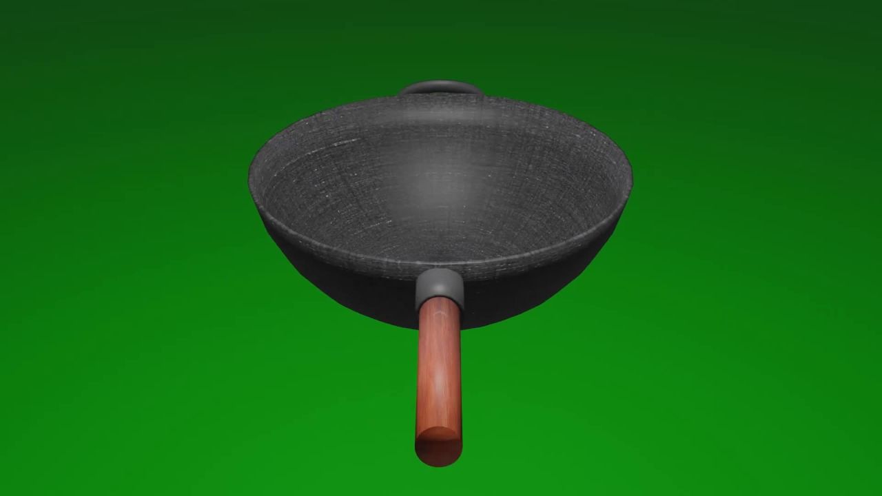 无限循环家用铁锅旋转动画绿屏抠像固定镜头，无缝循环炒菜锅360度旋转绿幕背景合成素材