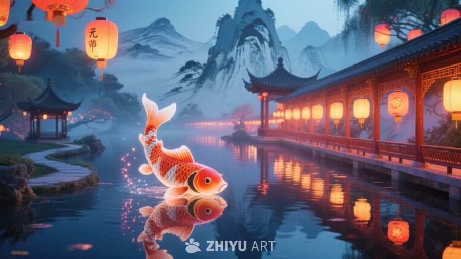 锦鲤游于古桥旁的静谧湖中 200