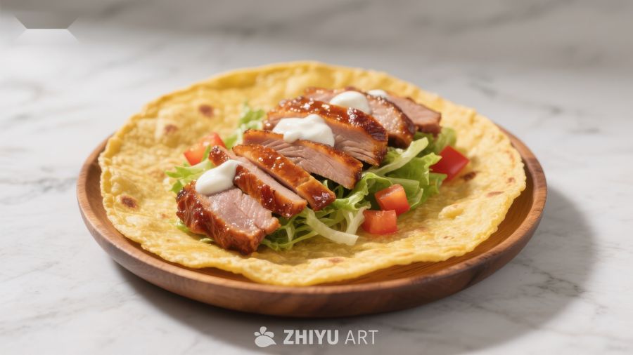 烤鸭卷饼，配以生菜和酱料