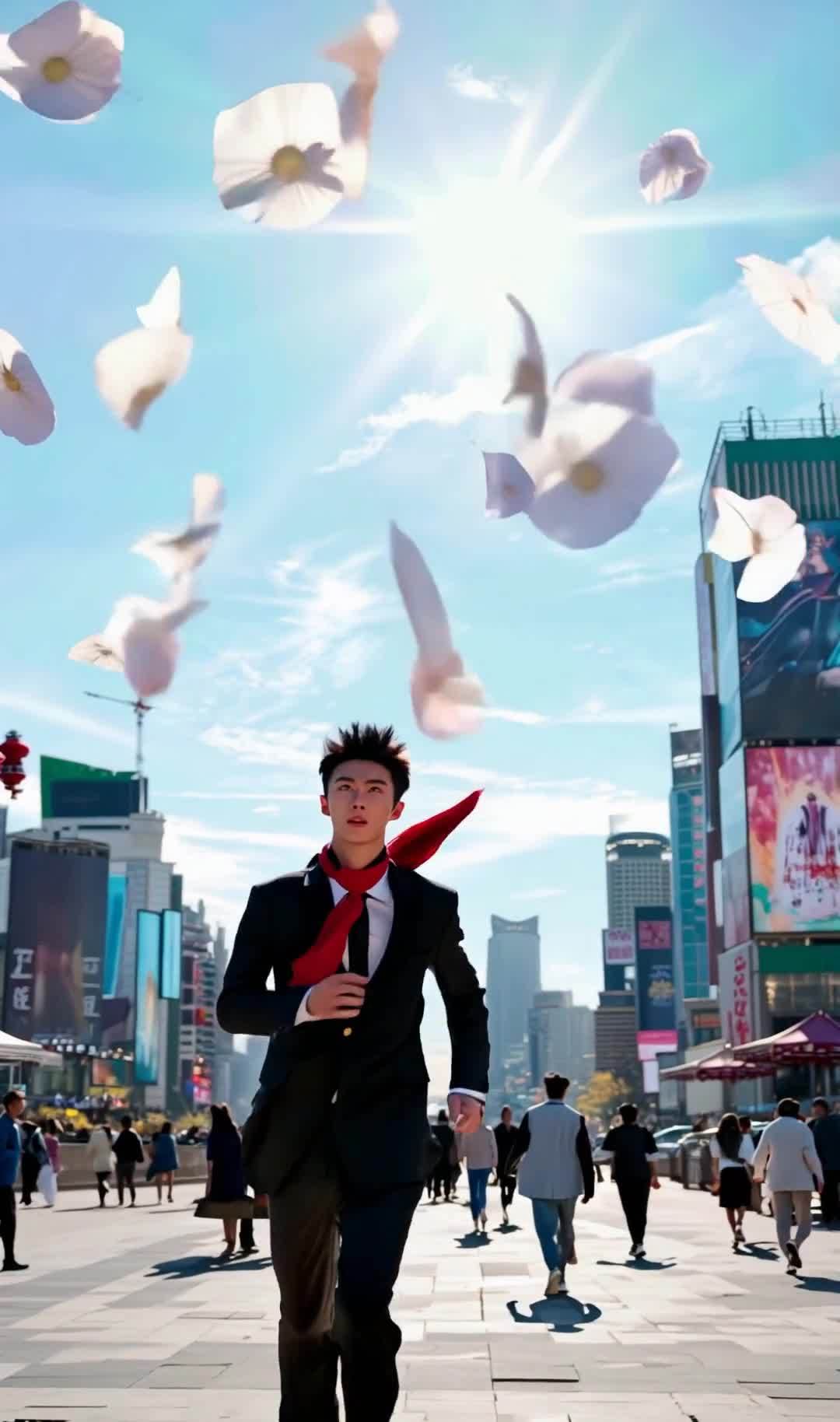 一名20岁左右的中国青年在阳光明媚的城市街道上奔跑