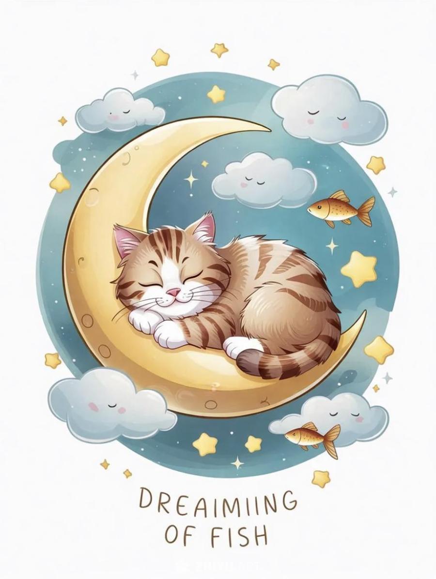 一只毛茸茸的猫蜷缩在月牙上睡觉，周围环绕着柔软的云