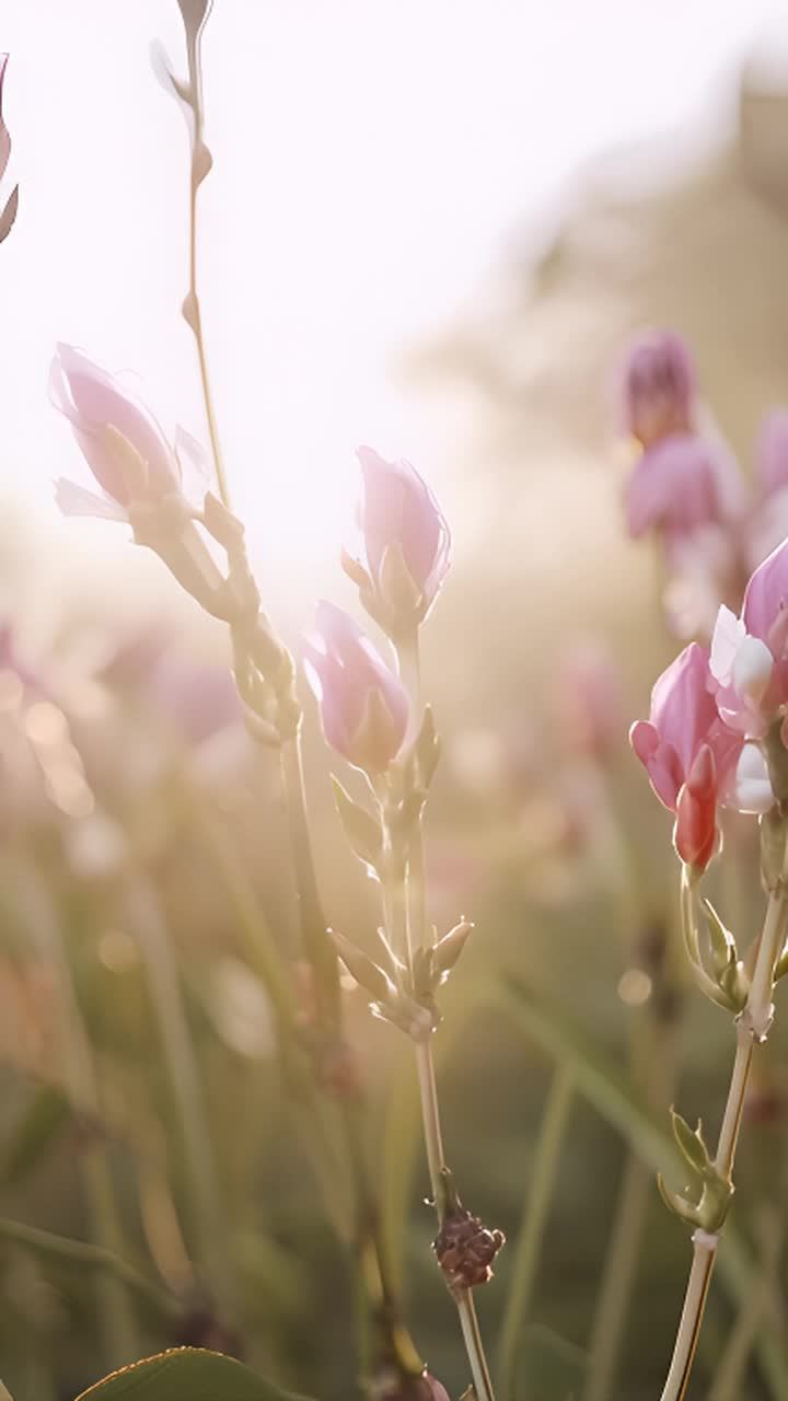 一些粉色的花朵在晨光中绽放，花朵的茎和叶子呈现绿色
