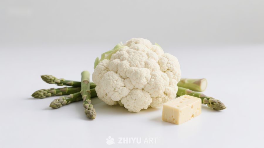 花椰菜芦笋与奶酪静物