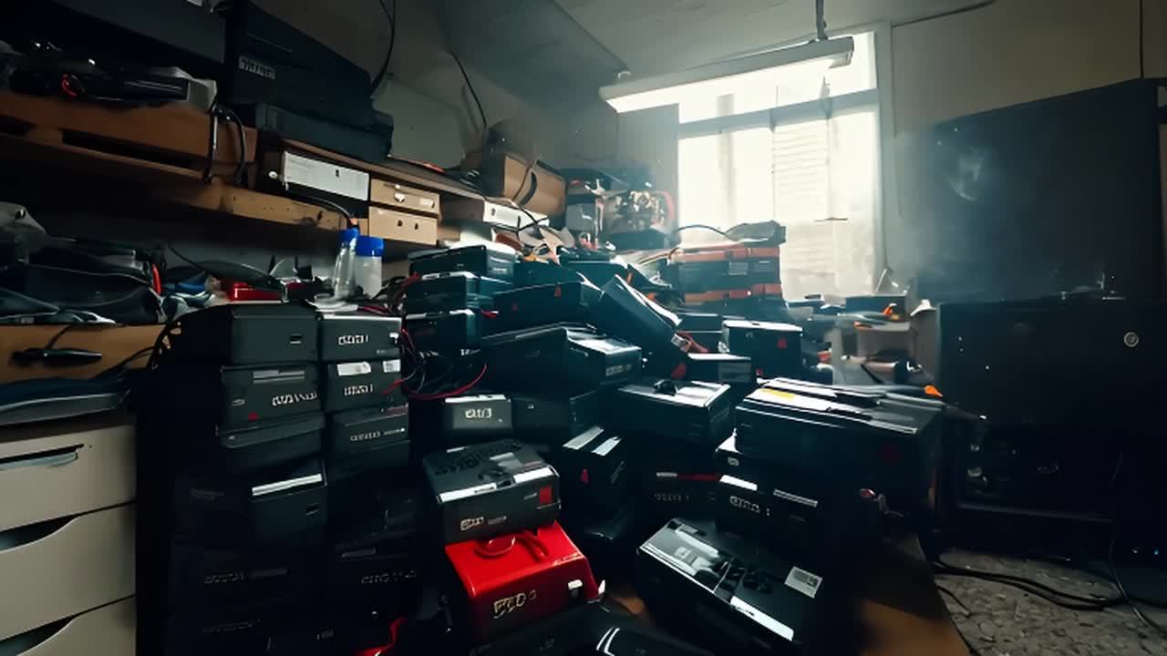 许多UPS电池杂乱地堆放在一起，场景显得凌乱和混乱