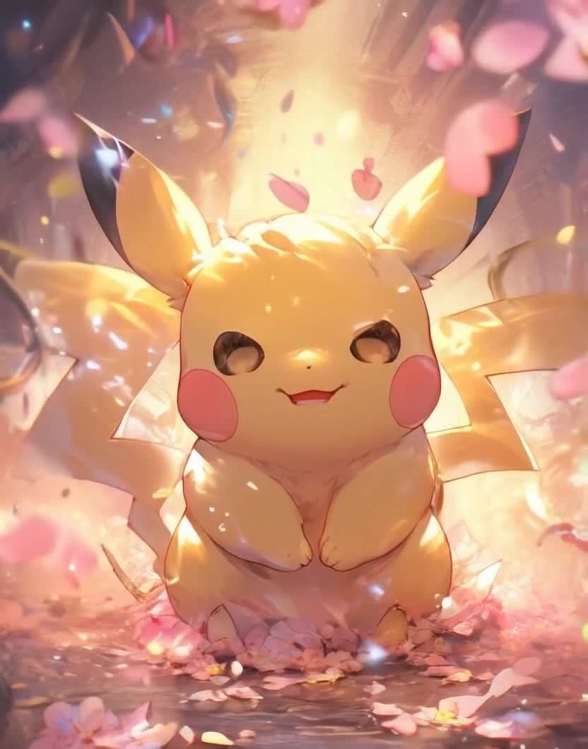 花瓣雨中的可爱皮卡丘