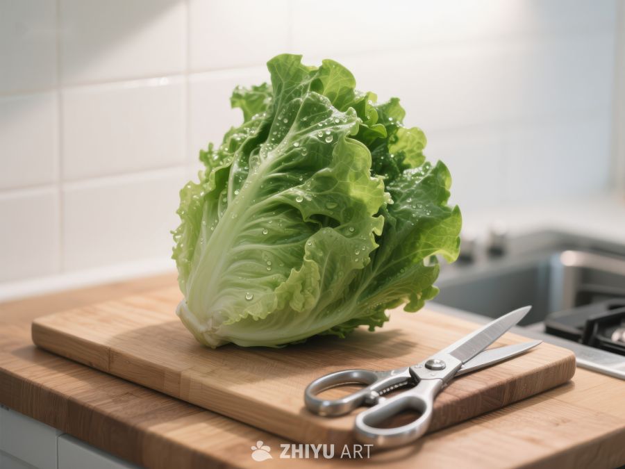 新鲜生菜置于砧板之上 616