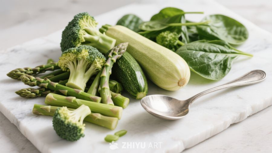 新鲜绿色蔬菜与银勺摆放