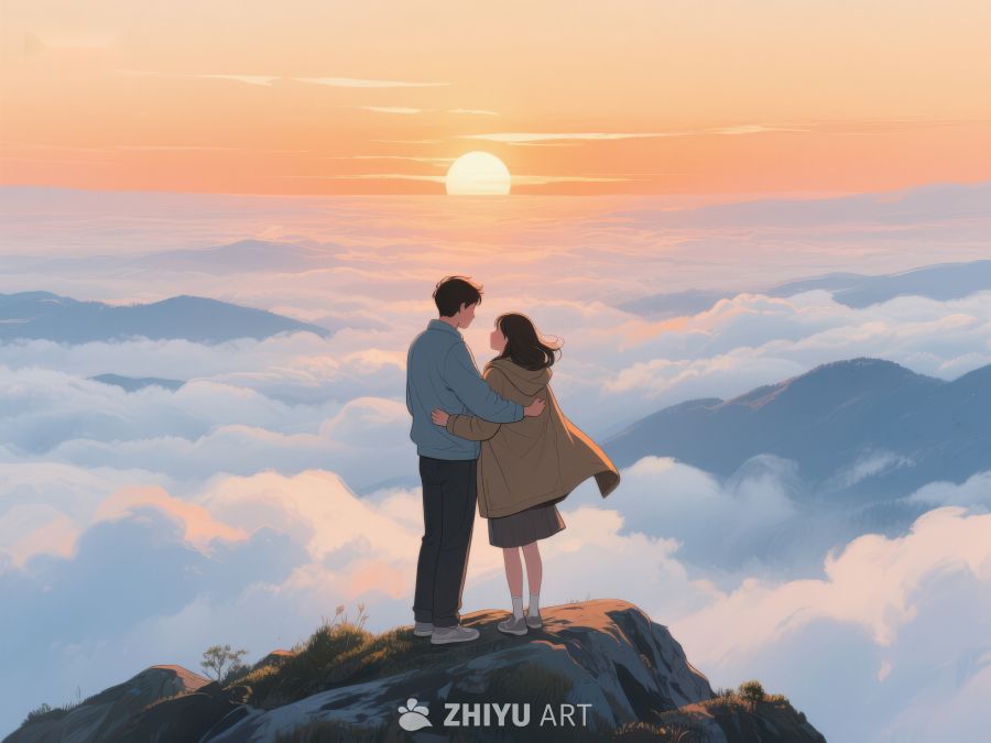 山顶情侣共赏云海日落 627