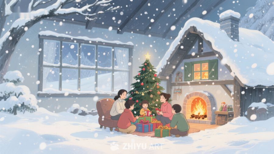雪夜家庭围炉共度圣诞 378