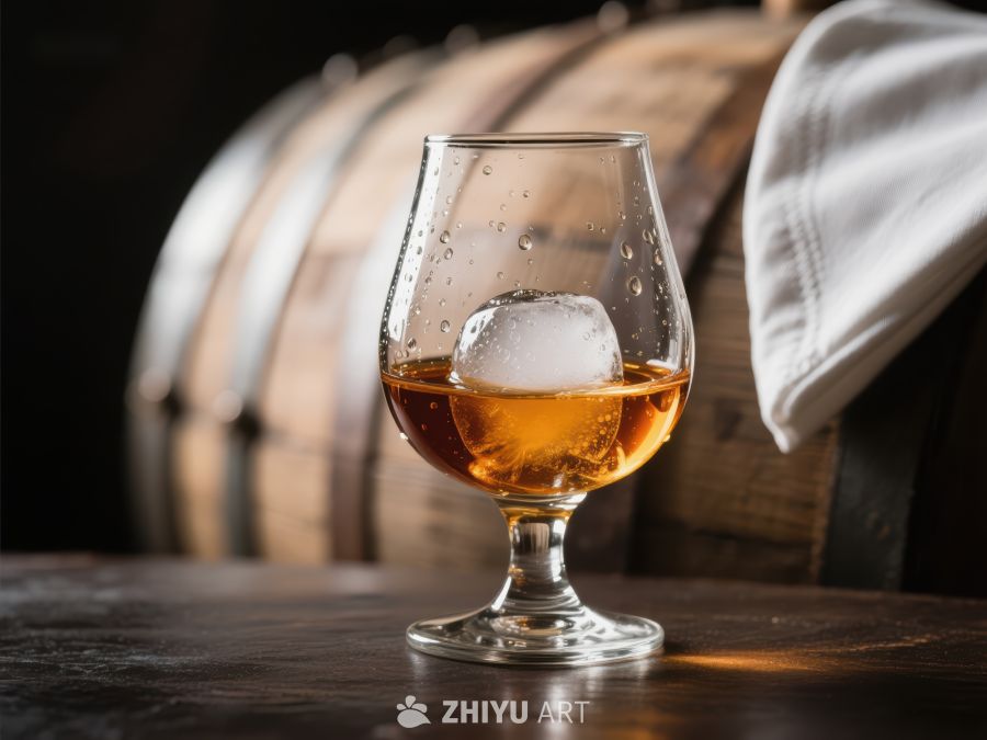 威士忌酒杯与冰块，背景为木桶 1205