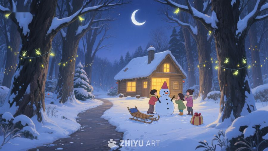 冬夜雪景中的温馨小屋 122