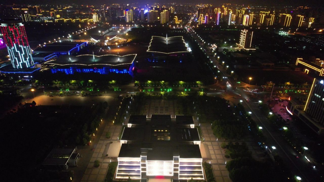 河北沧州城市夜景灯光航拍