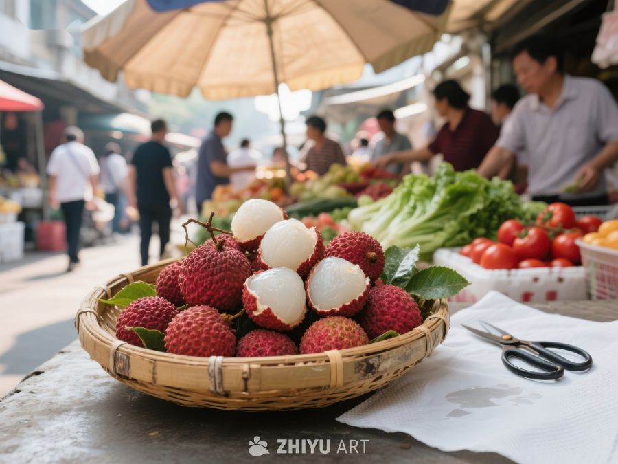 市场摊位上的新鲜荔枝与蔬菜 385