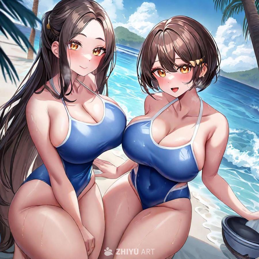 两个穿着蓝色连体泳衣的动漫风格女性人物在海滩上。人