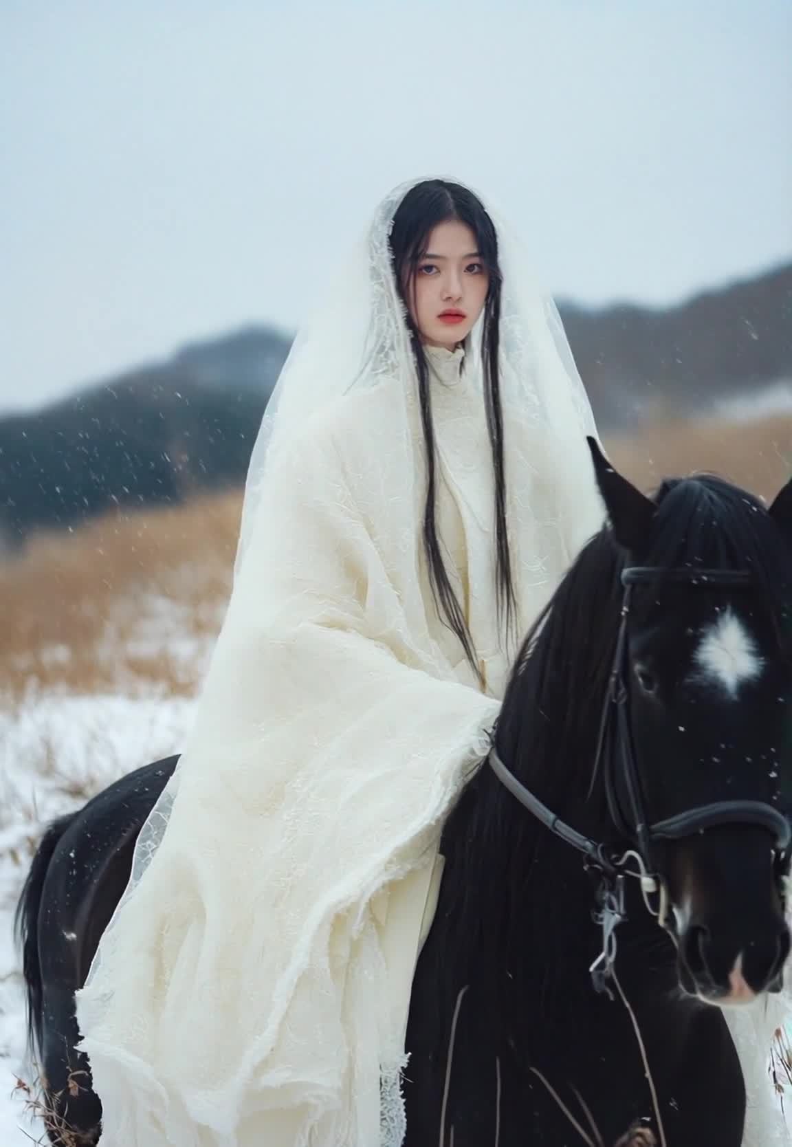 雪中白衣女子骑黑马前行