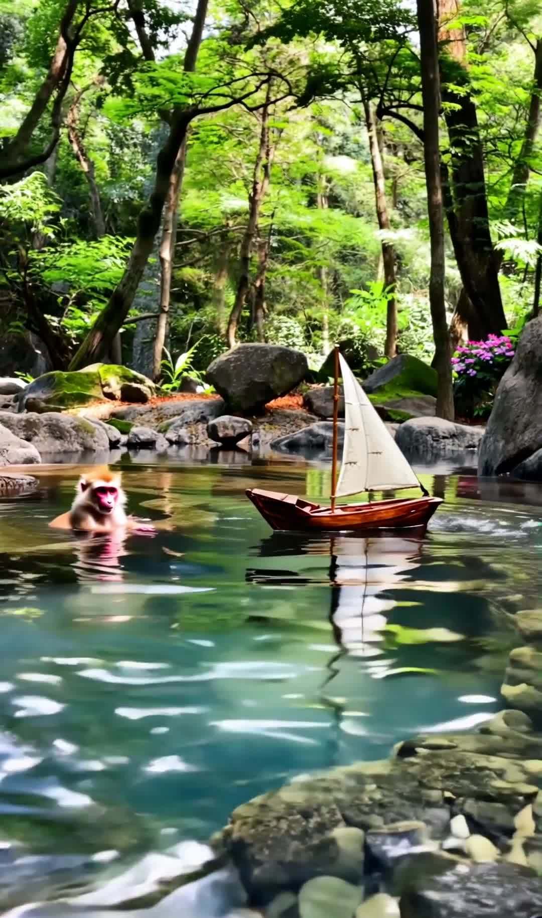 一只红脸白毛的猴子在天然温泉中沐浴，水面漂浮着一艘