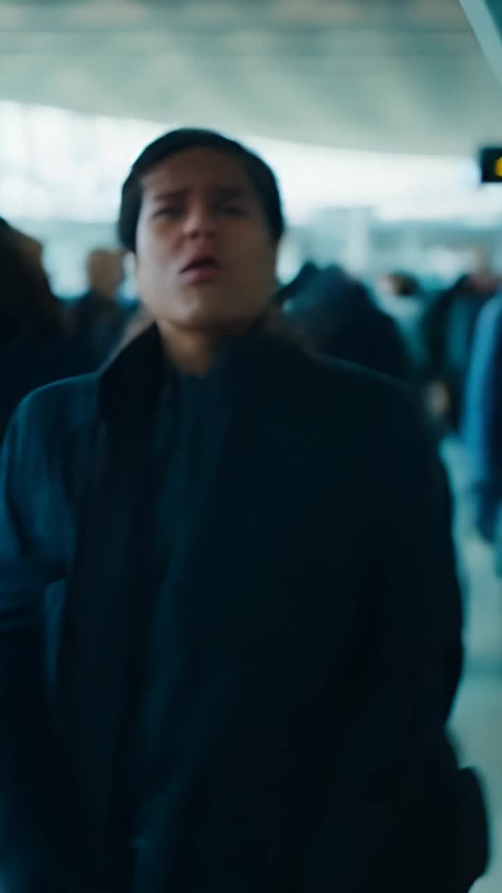 一个人在机场，周围是熙熙攘攘的人群。此人穿着深色外