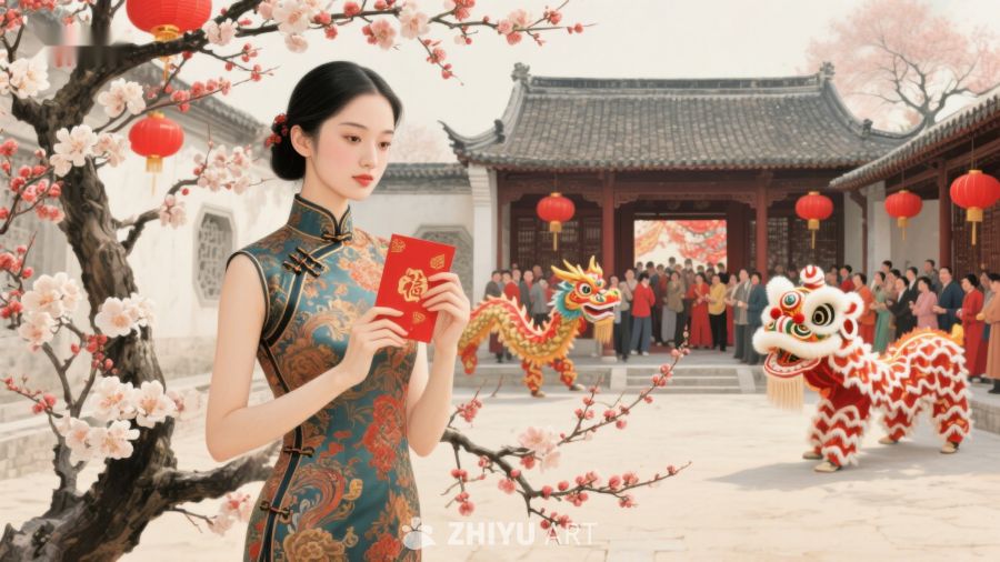 女子手持红包，背景为传统节日庆典 738
