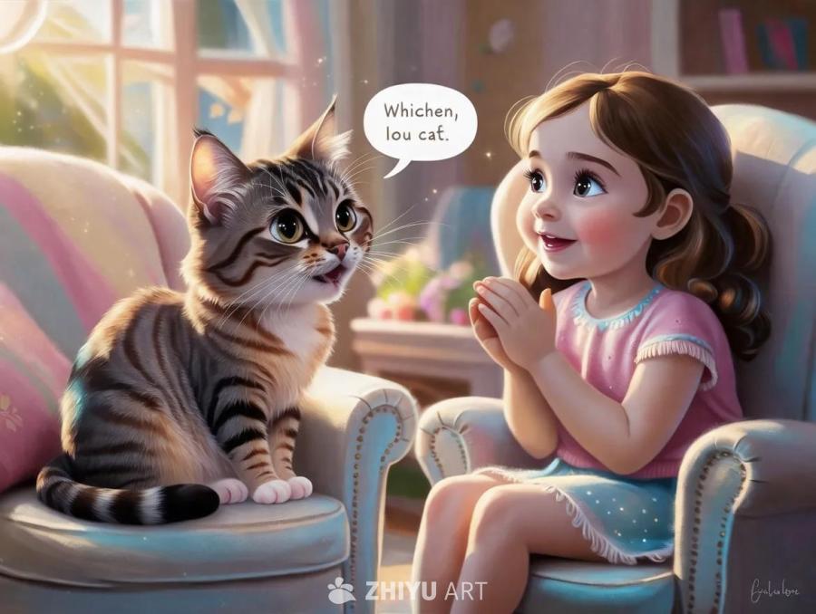 一只虎斑猫坐在椅子上，旁边坐着一个小女孩。小女孩面