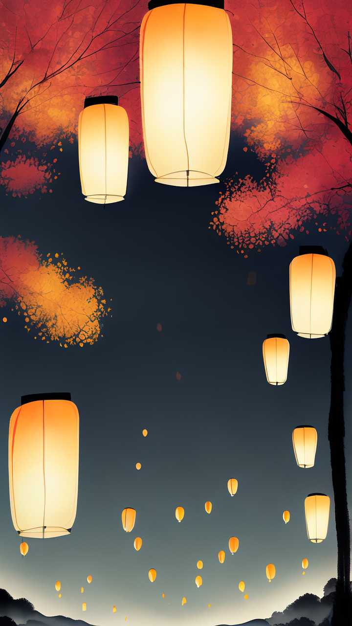 唯美中元节河灯原创插画素材背景