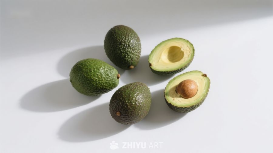 新鲜牛油果与切开的半颗展示