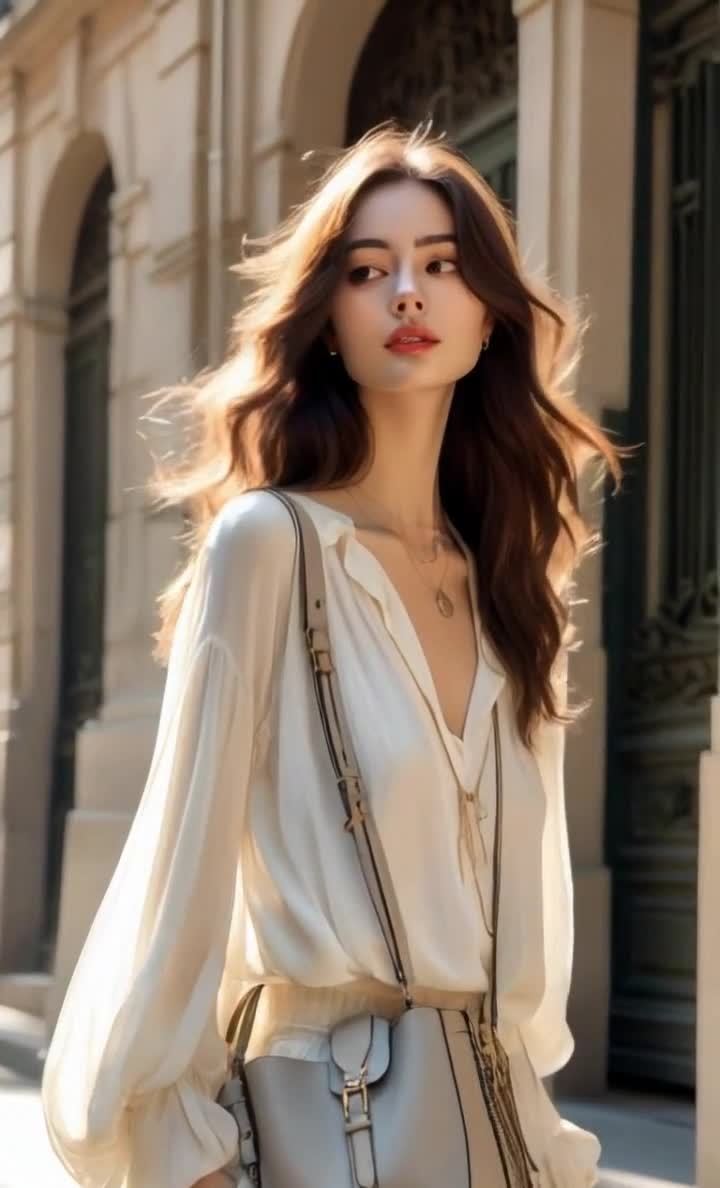 一个年轻女子站在建筑物前，她穿着白色上衣，留着长长