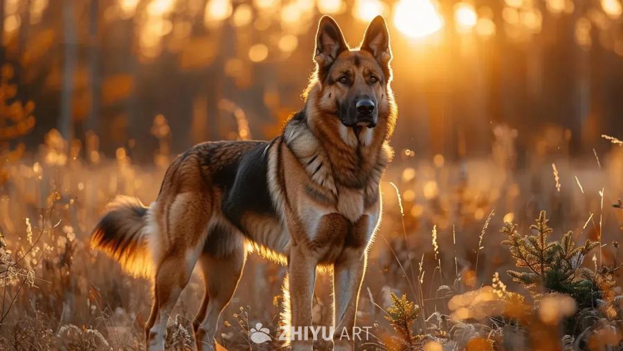 一只大型犬站立，夕阳的金光照亮了它的身躯。这只狗体