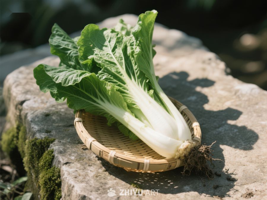 新鲜小白菜置于竹篮中 753