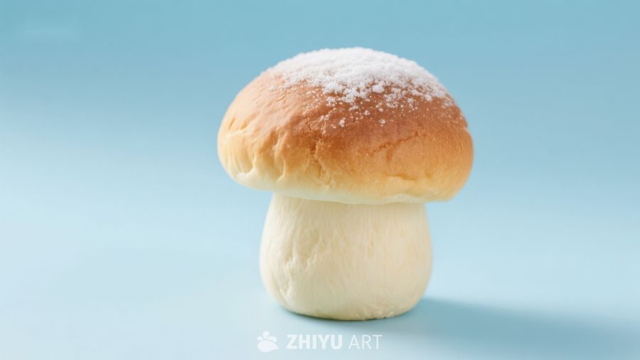蘑菇形状面包，顶部撒有糖粉