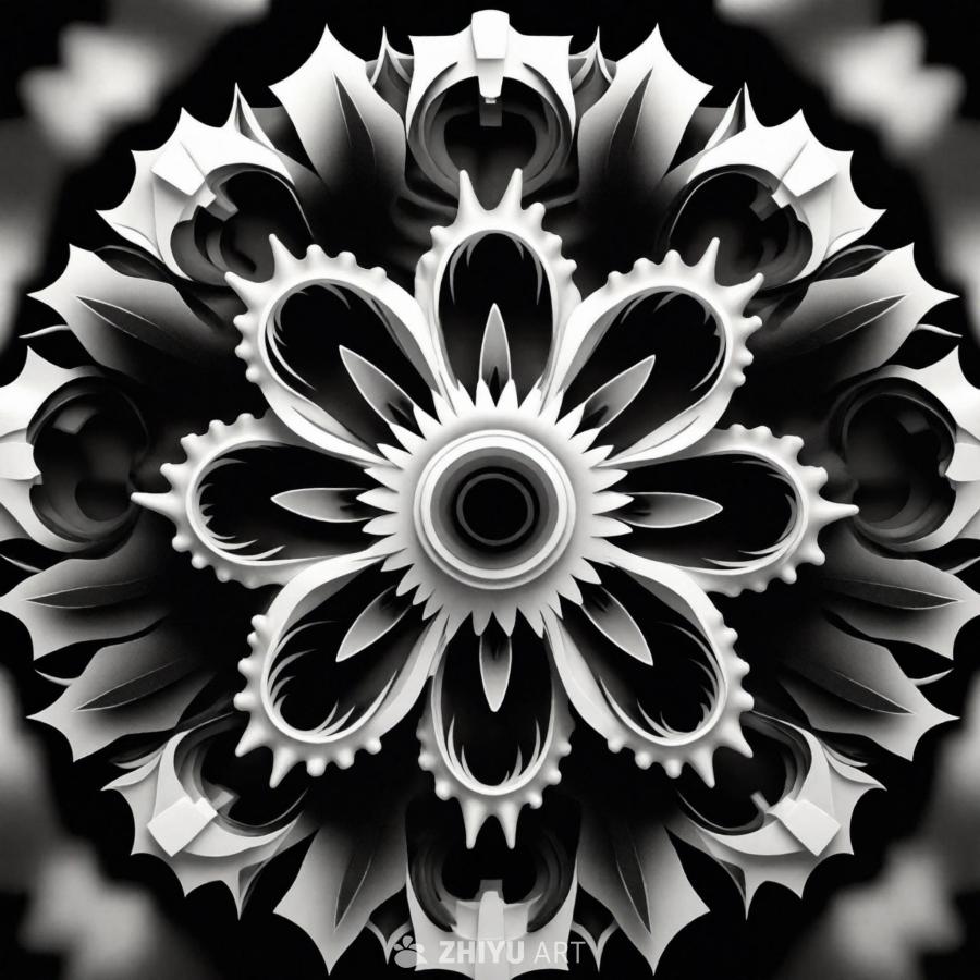 黑白壁纸上呈现一个3D花卉形状，细节复杂，曲线动态