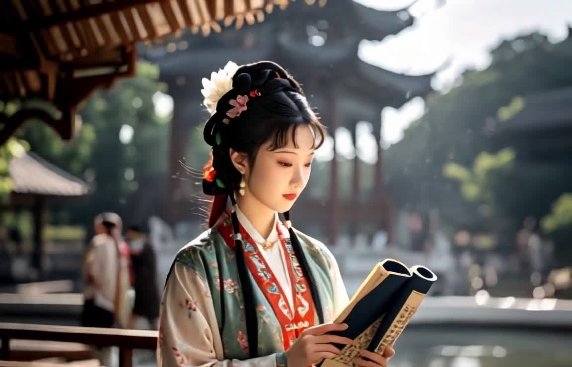 古装女子园林阅卷，书卷优雅氛围静谧。