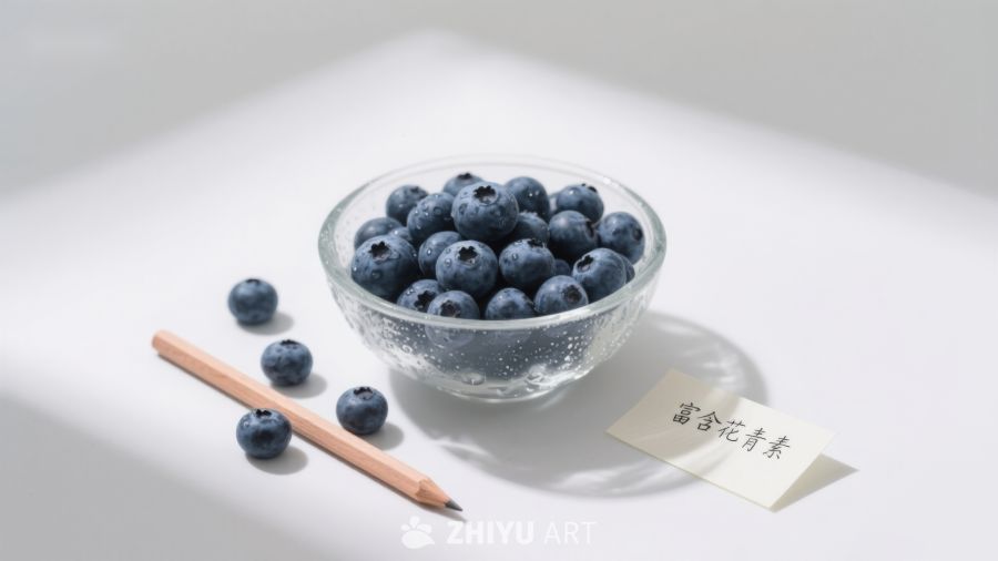 蓝莓碗与铅笔的静物组合