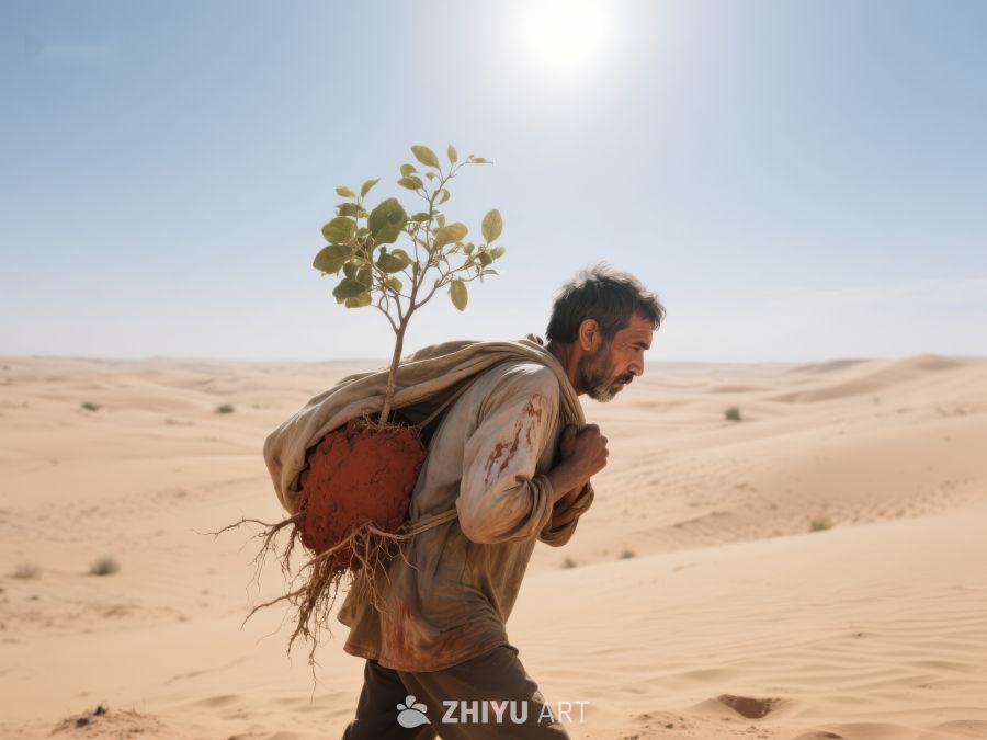 沙漠中背树前行的男子 420