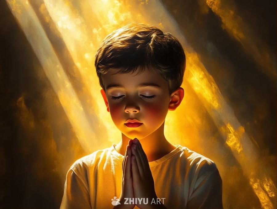 一个年轻男孩闭着眼睛，双手合十，做出祈祷的姿势。男