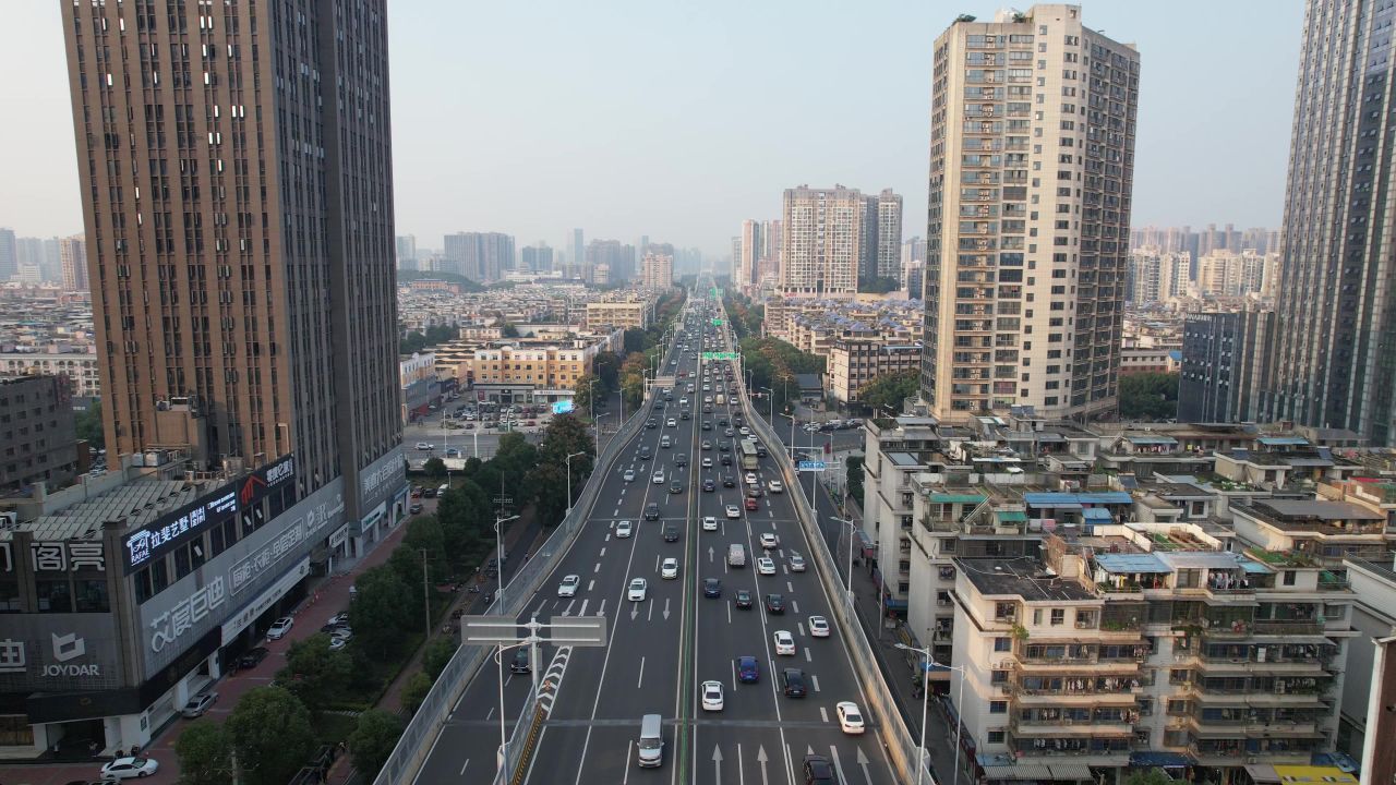 长沙万家丽高架桥城市拥堵交通航拍 