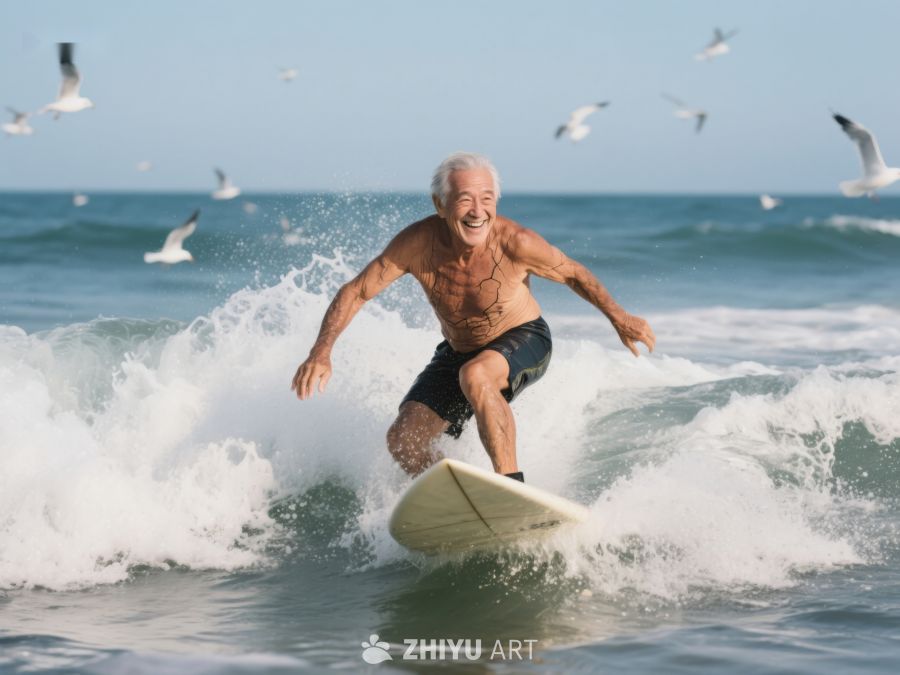 老人在海浪中冲浪，笑容满面 504
