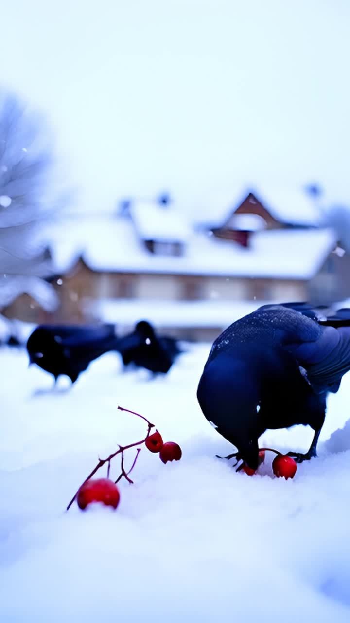 几只黑色的乌鸦在白雪覆盖的村庄地面上啄食红色的浆果